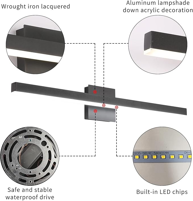 Joossnwell Modern Vanity Light Fixtures Matte Black Aluminum Bar Lighting for Bathroom Lights Over Mirror 31.5" inch LED Wall Lamp Sconce 20W 6000K