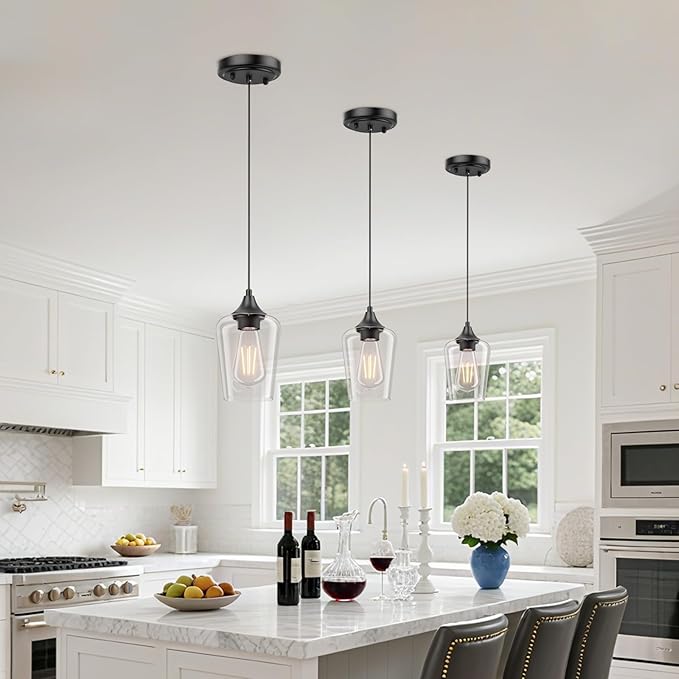 Ralbay Matte Black Industrial Pendant Light 3-Pack, Pendant Light Fixtures with Wine Clear Glass Shade, Adjustable Height for Kitchen Island, Farmhouse Dining Room Hanging Lighting Fixture