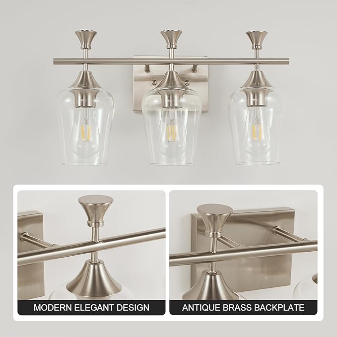 Bathroom Light Fixtures (3-Light, 19 Inch), Brushed Nickel Vanity Lights for Bathroom with Clear Wine Glass Glass Shade, Modern Vanity Wall Lights for Mirror Bedroom Living Room Kitchen Hallway Porch