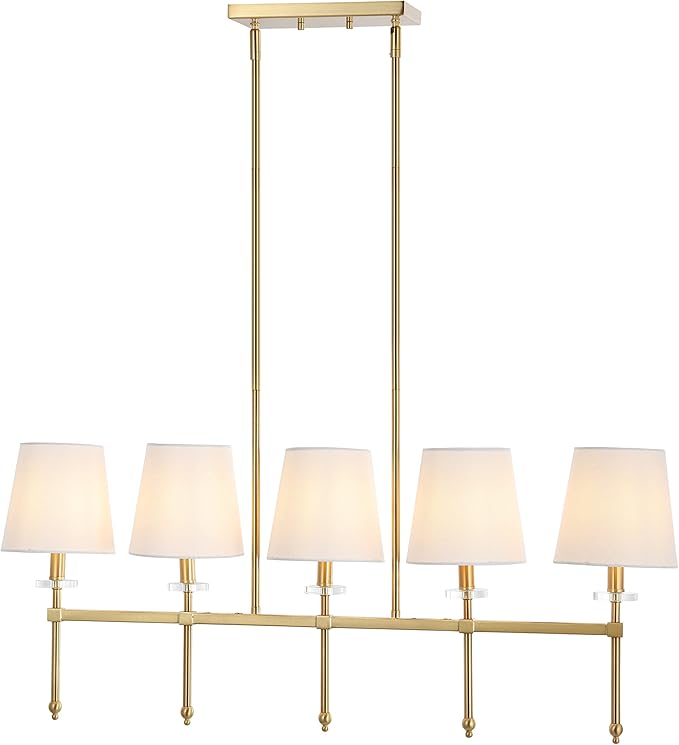 JONATHAN Y 38.5" Brass Gold 5-Light Iron Linear Pendant, Modern Midcentury Chandelier with White Linen Shades for Kitchen Island Dining Room, LED Bulbs Included JYL9919A