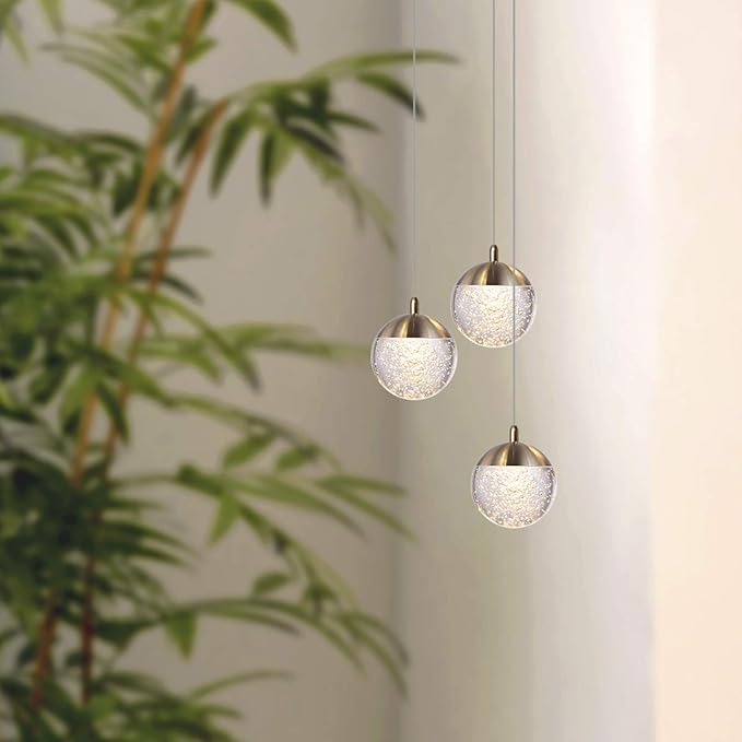 contec development Galaxy 3 Mini Pendant Crystall Ball Lighting Brass - LED Hanging Light Fixture: Kitchen Island, Bar, Foyer - Cluster Pendants - Dimmable, Adjustable Wire, Lamp Bulb Included