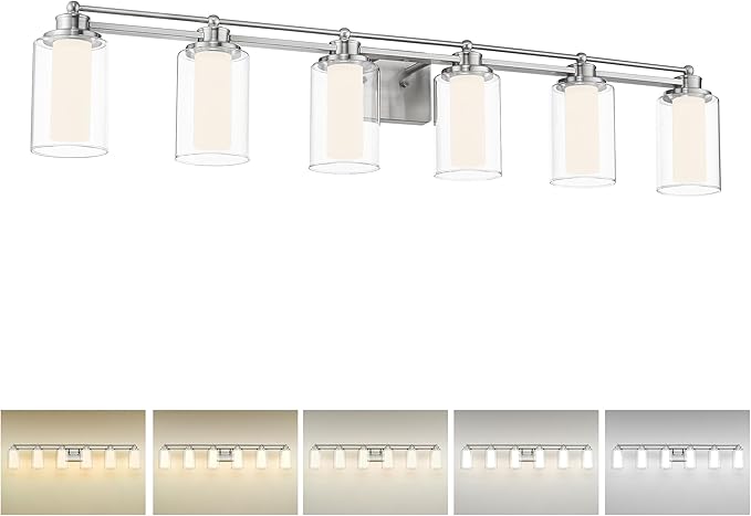 6 Light Bathroom Vanity Light, HWH Brushed Nickel Vanity Lights for Bathroom, Modern Vanity Lights Over Mirror with Clear Glass Shade, 36W 5CCT LED Wall Lights Dimmable, 5HLT63B-6W-LED BN