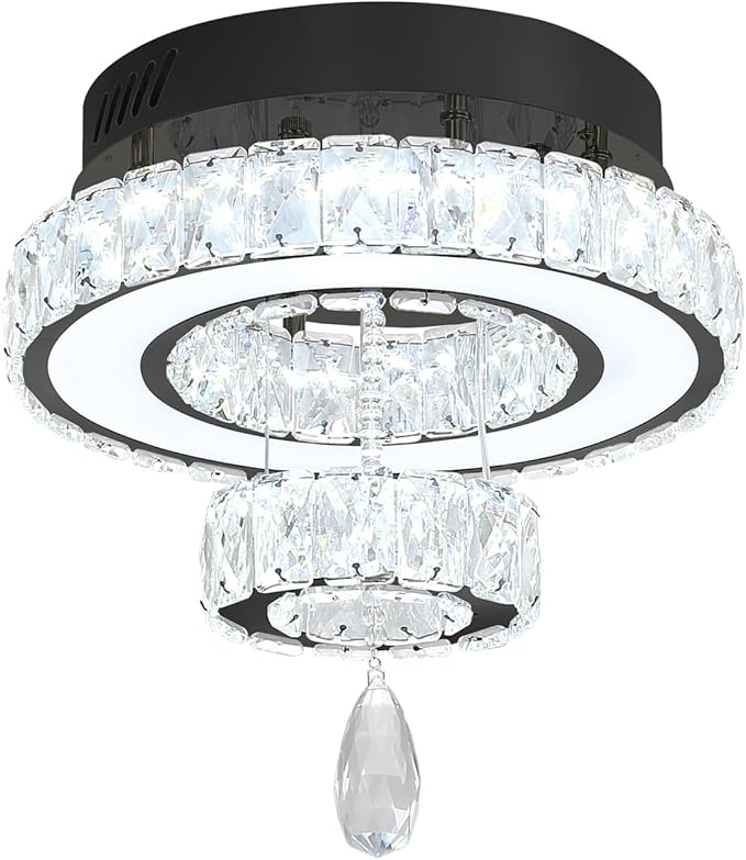 Flashing God 12" Modern Crystal Chandeliers Flush Mount Ceiling Light Black Chandelier for Hallway LED Dimmable Mini Chandelier for Dining Room Living Room Bedroom