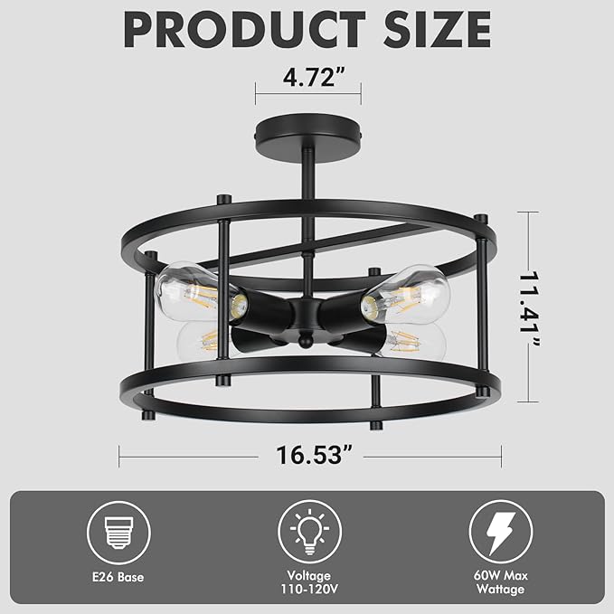 16'' Semi Flush Mount Ceiling Light 4-Light Industrial Light Fixtures Ceiling Mount Black Chandelier Light Fxiture for Kitchen Dining Room Entryway Bedroom Living Room
