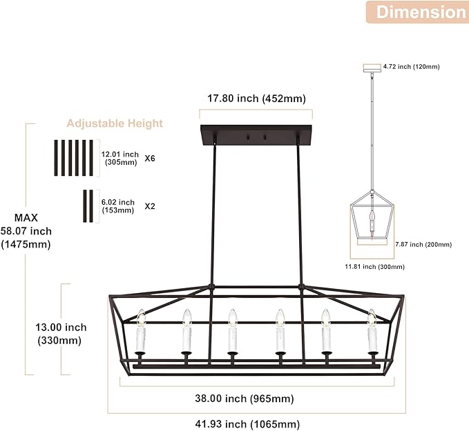 6-Light Kitchen Island Pendant Lighting Fixture, Farmhouse Linear Chandelier for Dining Room Over Table, Oil Rubbed Bronze & E12 Bulb Base