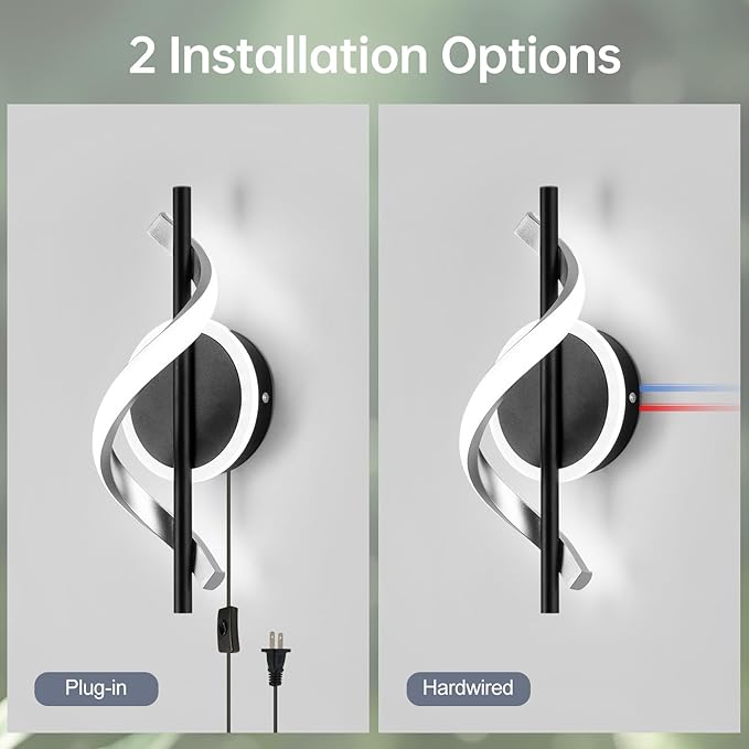 EIDISUNY Plug in Wall Sconces Sets of 2, 12W LED Wall Mount Lights, Modern Spiral Wall Lamp, 6000K Cold Modern Light Fixture for Stairs, Living Room, Bedroom, Aisle, Hallway