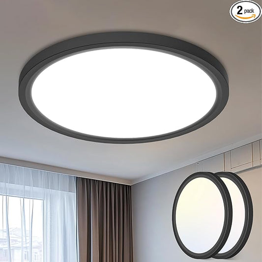 libtit 2-Pack 16" Black LED Ceiling Lights, 36W 3600lm, 3 Color Temps 3000K/4000K/6500K, Large Flush Mount Fixture for Kitchen, Hallway, Bedroom, Living Room, 120V ETL Listed