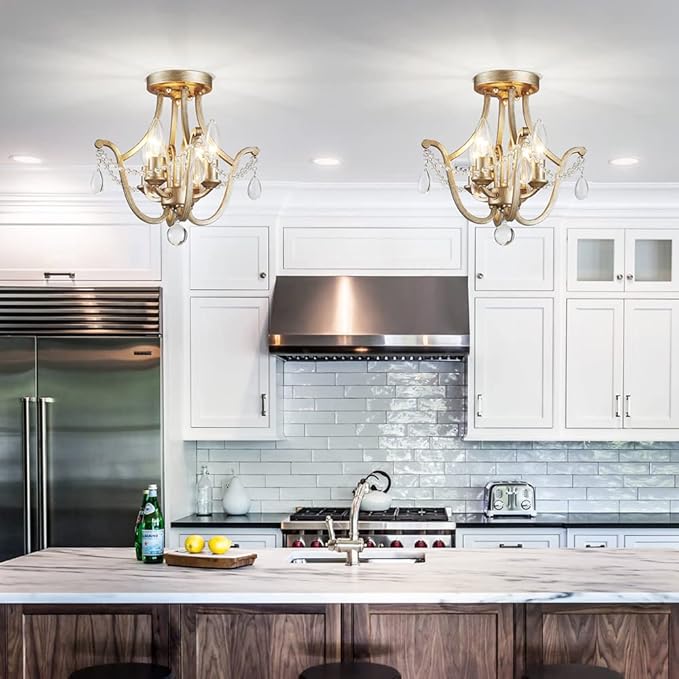AGV LIGHTING Crystal Ceiling Light Fixture, Semi Flush Mount Ceiling Light, E12 Base 4-Lights, D12 x H12, Clear Crystal & Dressed Gold Finish Metal Frame