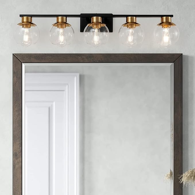 PAZALA Black Gold Bathroom Light Fixtures Over Mirror 5-Lights Vanity Light Wall Sconce with Globe Glass Shade, E26 Base, Perfect for Hallway Picture Wall Lighting Bathroom Bedroom Mirror Living Room