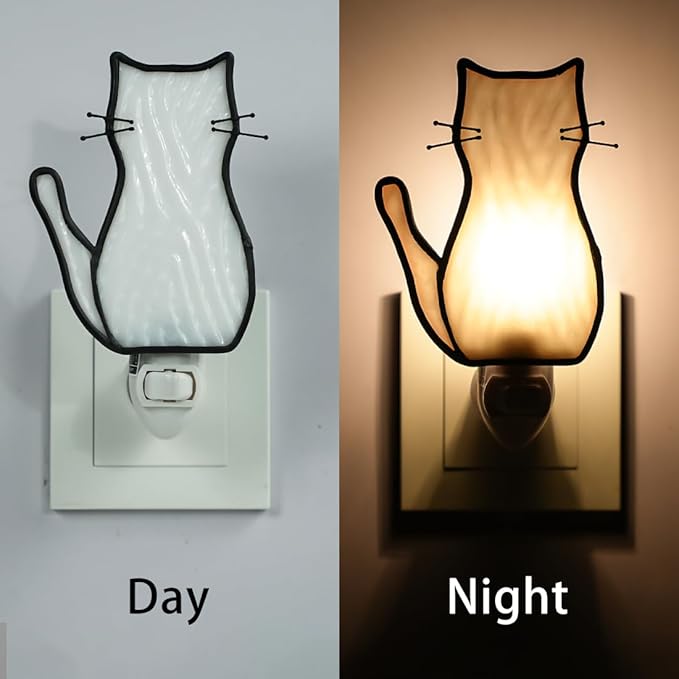 BOXCASA White Cat Night Light, Stained Glass Lamp, Warm Yellow Plug-In Night Light for Living Room, Bedroom, Hallway - Cat Gifts