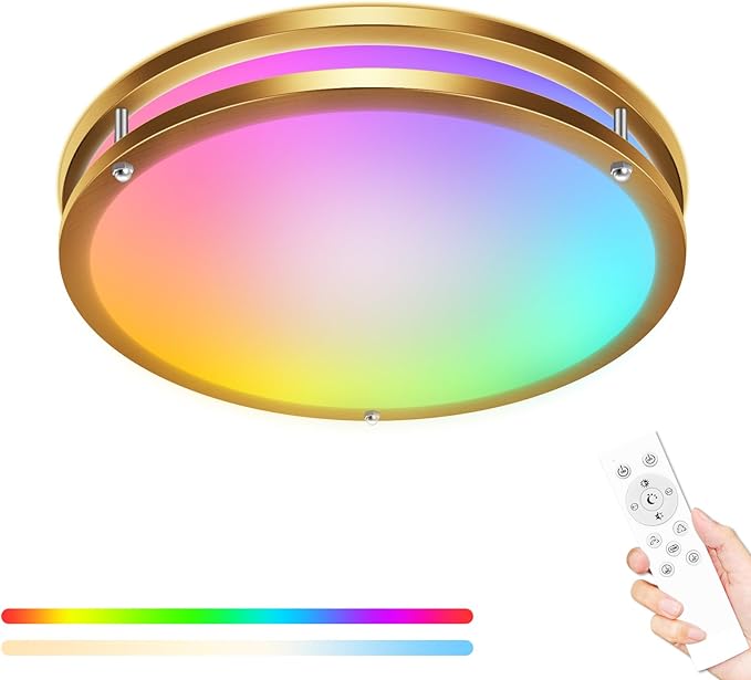 libtit 13 Inch RGB Flush Mount Ceiling Lights with Remote, 24W 5CCT 3000K-6500K&Dimmable, LED Light Fixture with Nightlight and Timer for Bedroom Livingroom Bathroom-Gold