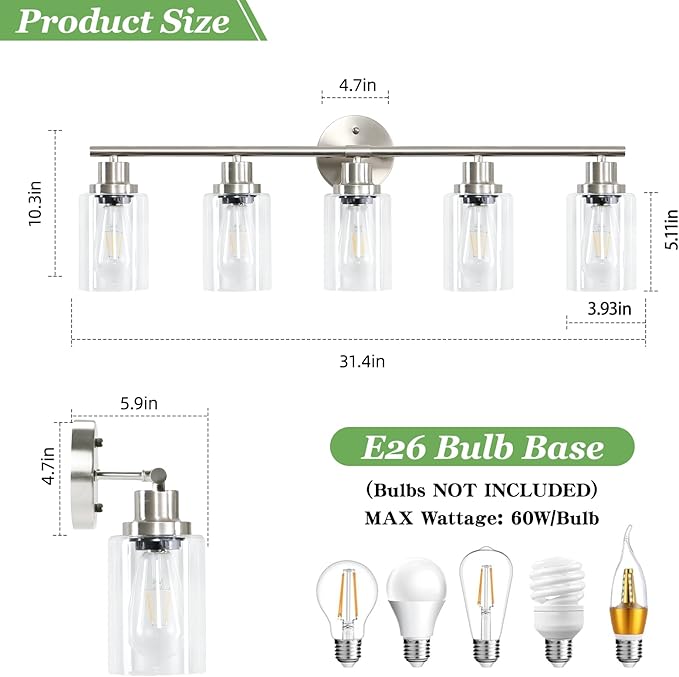 5-Light Bathroom Vanity Lights, E26 Modern Brushed Nickel Bathroom Light Fixtures with Clear Glass Shade, Mirror Kitchen Hallway Cabinet Living Room Sconces Wall Lights