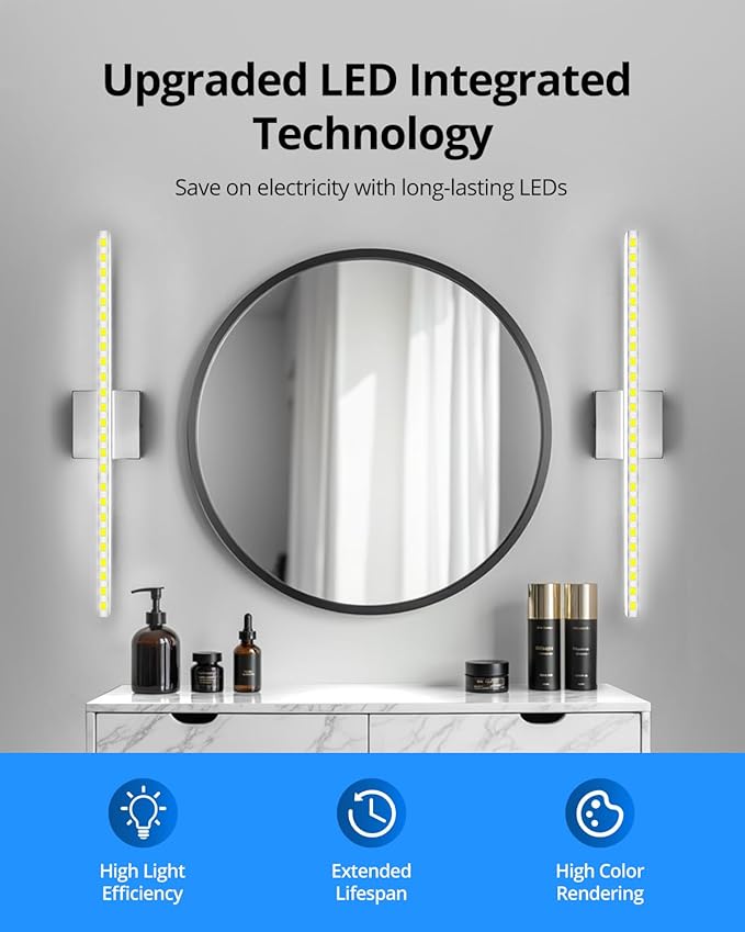 Combuh LED Bathroom Vanity Light Bar Dimmable IP44 Over Mirror Lighting Fixture 24Inch Wall Sconces Indoor 14W Modern Cool White 6000K Chrome