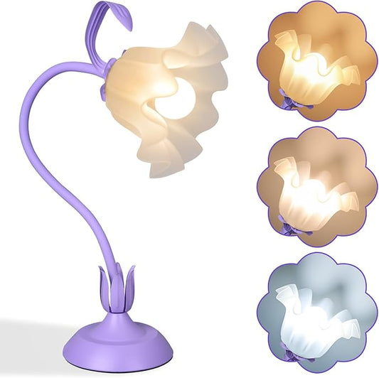 Flower Desk Lamp, LED Reading Light Flower Table Lamp, 3 Colors Flower Lamp for Girls Bedroom, Adjustable Flexible Nightstand Lamps, Bedside Table Lamp for Bedroom, Living Room, Home Decor (Purple)