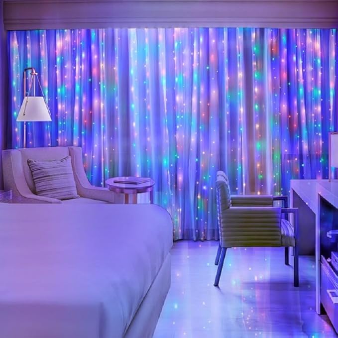 200 LED Colorful Curtain Light for Party/Wedding/Festival/Christmas,Window Blinking String Light for Bedroom/Living Room,USB Plug with 8 Modes(Battery not Included)