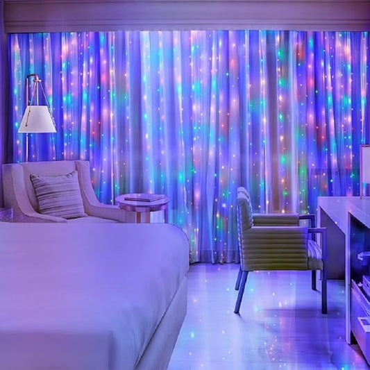 300 LED Colorful Curtain Light for Party/Wedding/Festival/Christmas,Window Blinking String Light for Bedroom/Living Room,USB Plug with 8 Modes(Battery not Included)