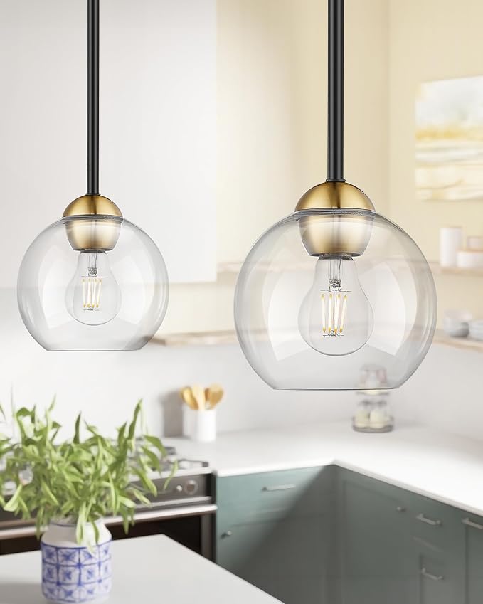 Emak 2 Pack Black and Gold Pendant Light Fixtures, Modern 7 Inch Globe Pendant Lights Kitchen Island with Clear Glass Shade, 1 Light Hanging Lights for Kitchen, Bedroom, Bathroom, PL119-BKBGD-2PK