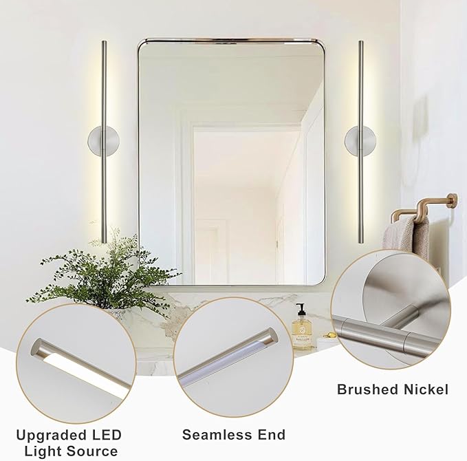 Brushed Nickel Bathroom Light Fixtures Over Mirror 36 Inch, 26W 360° Rotatable Dimmable 4000K LED Vanity Light Bar, Modern Bathroom Vanity Lights Above Mirror