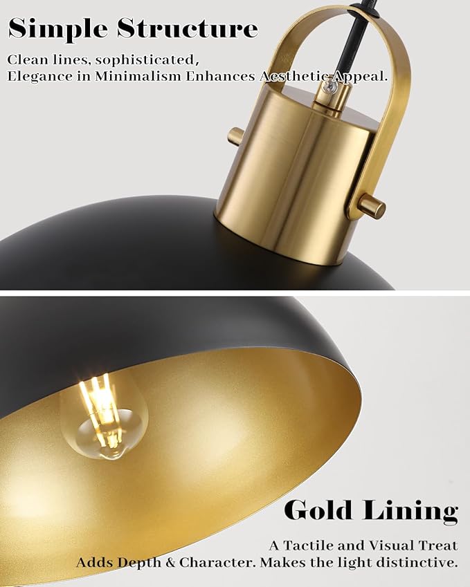 Black and Gold Pendant Light 2 Pack, 11.8 Inch Pendant Lights Kitchen Island, Black Dome Pendant Lights, Island Pendant Light for Kitchen, Dining Room, Living Room