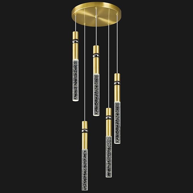 Pendant Lights Kitchen Island Light Fixtures Dimmable LED Modern Pendant Light with Bubble Crystal Pendant Lighting for Kitchen Bedroom Hallway Entryway (Gold 5-Light)