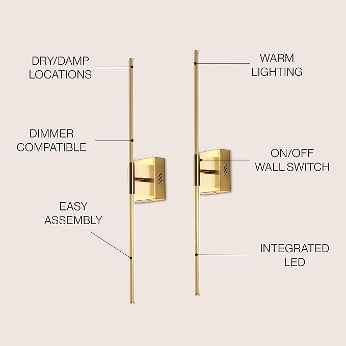 JONATHAN Y 28" Brass Gold Modern Dimmable Integrated LED Wall Sconce, Metal Vanity Light for Bathroom Mirror Bedroom Hallway, Sleek Hardwired Wall Lamp Fixture, 3000K (JYL7022B-SET2)