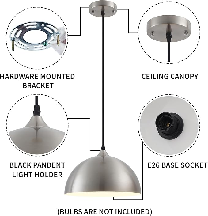Brushed Nickel Industrial Pendant Light 11.8inches 2 Packs,Mental Hanging Light Fixtures for Kitchen Island,Dome Pendant Light,Ceiling Light Fixtures for Restaurant Dining Room Aisle