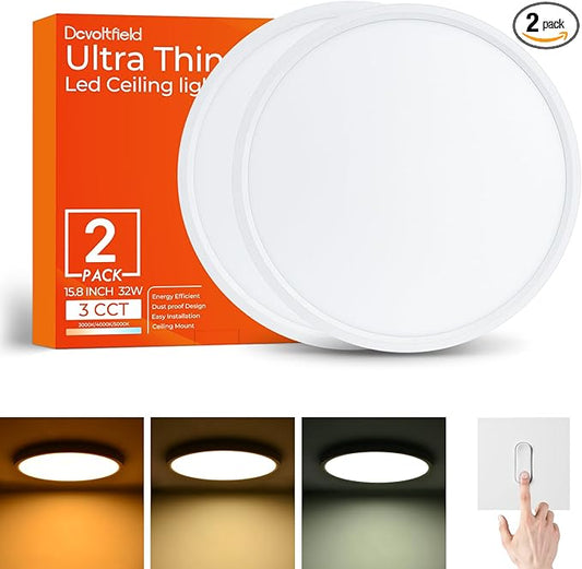 2Pack 15.8Inch LED Flush Mount Ceiling Light Fixture,32W 3200LM, Dimmable CCT 3000K/4000K/5000K,Round Flat Panel Light for Bedroom,0.7Inch Thin Modern Low Profile Ceiling Lights for Hallway,Kitchen