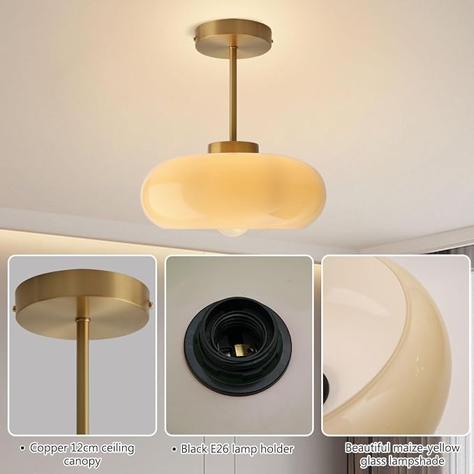 Mid Century Ceiling Light Fixtures Milk Glass Ceiling Lights Round Milk Yellow Shade Gold Brass Semi Flush Mount Ceiling Light Globe Glass Ceiling Lamp for Hallway Dining Room Kitchen