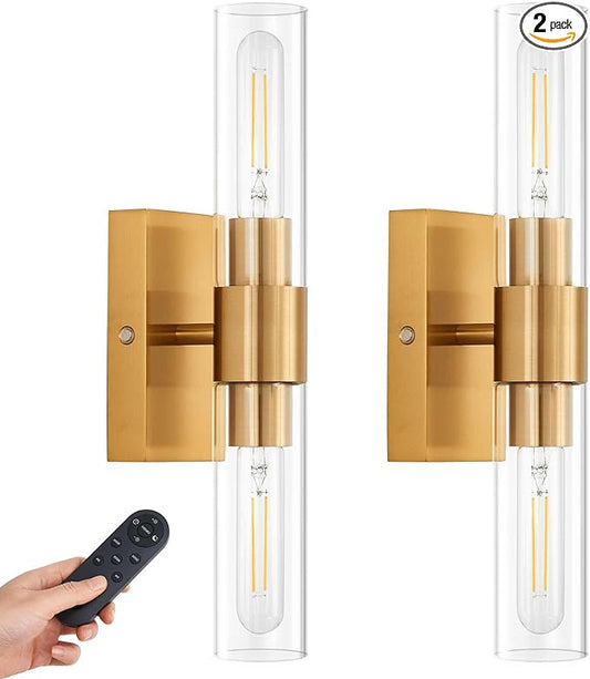 SANTOSTOCK Gold Battery Operated Wall Sconce Set of 2 with Remote Control, 12000mAh Rechargeable Wall Lights, Wireless Dimmable Wall Lamps for Bedroom Living Room Bathroom Hallway Entryway Stairwell