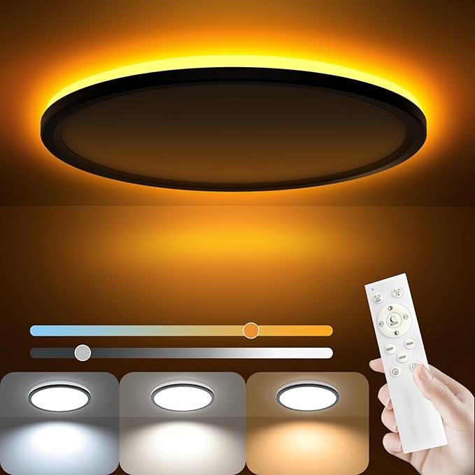 AmazeFan 12Inch LED Flush Mount Ceiling Light with Remote Control, Dimmable Night Light 1800K 3000K/4000K/6500K 24W 2400lm Low Profile Wired Ceiling Lamp for Bedroom LivingRoom Kitchen Hallway-Black