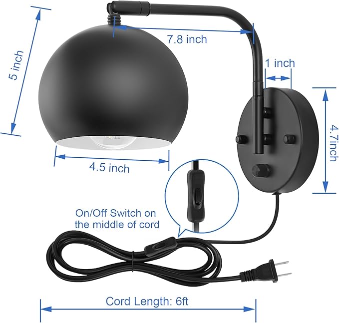 VATONI Plug in Wall Sconces, Dimmable Wall Sconce Swing Arm Wall Lights with Plug in Cord and Dimmer On/Off Knob Switch, Black Globe Wall Light for Bedside Bedroom Bathroom(1 Bulb Included)