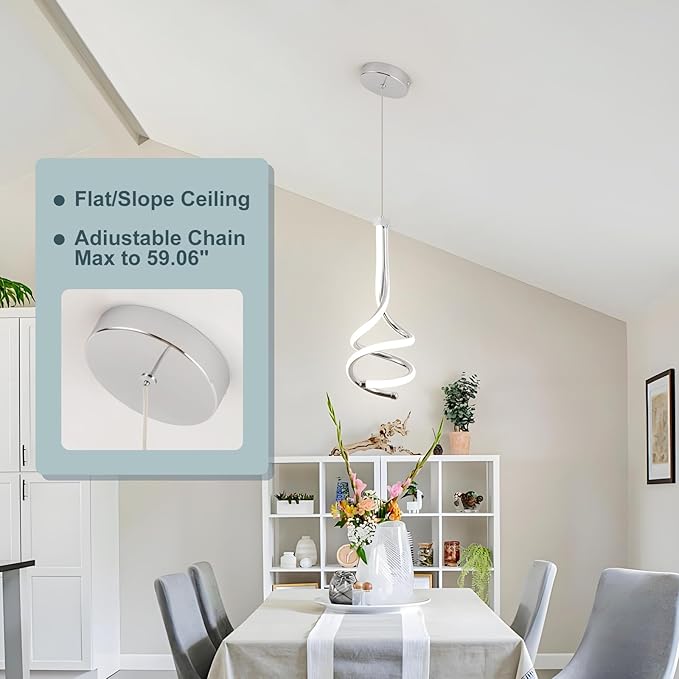 EIDISUNY Modern Pendant Light, Spiral LED Pendant Light Fixture, 4500K LED Hanging Lamp, Chrome Chandelier Lights Fixture, 20W Adjustable Pendant Light for Kitchen Island, Dining Room, Bedroom,1 Pack
