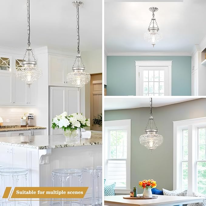 Vintage Pendant Light - Brushed Nickel Pendant Lights Kitchen Island with Floral Glass, Hanging Lighting Fixtures with Adjustable Hanging Chain for Kitchen, Island, Dining Room, Entryway