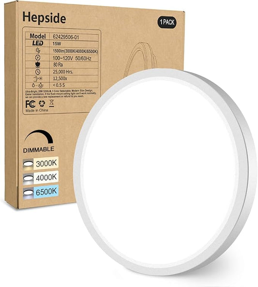 hepside 1Pack Dimmable Flush Mount Ceiling Light Fixture White, 3CCT Selectable 3000/4000/6500K Ceiling Lamp, 7.5INCH 15W 1500LM Low Profile Light for Bedroom, Kitchen, Bathroom, Hallway