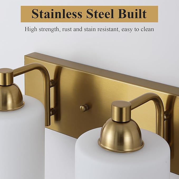Mecgirn Stainless Steel Milk Glass Vanity Lights for Bathroom, 2 Light Gold Bathroom Light Fixtures Over Mirror, Ceramic E26 Sockets Wall Mounted
