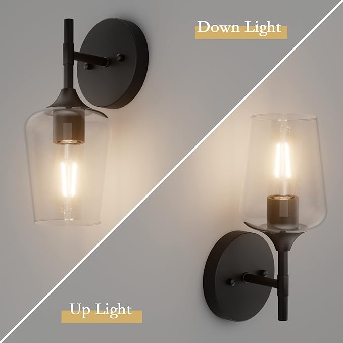 Ralbay Black Wall Sconces Set of 2 Matte Black Bathroom Lights Clear Glass Shade Black Sconces Indoor Wall Lighting for Home Decor Bathroom Kitchen Living Room Hallway