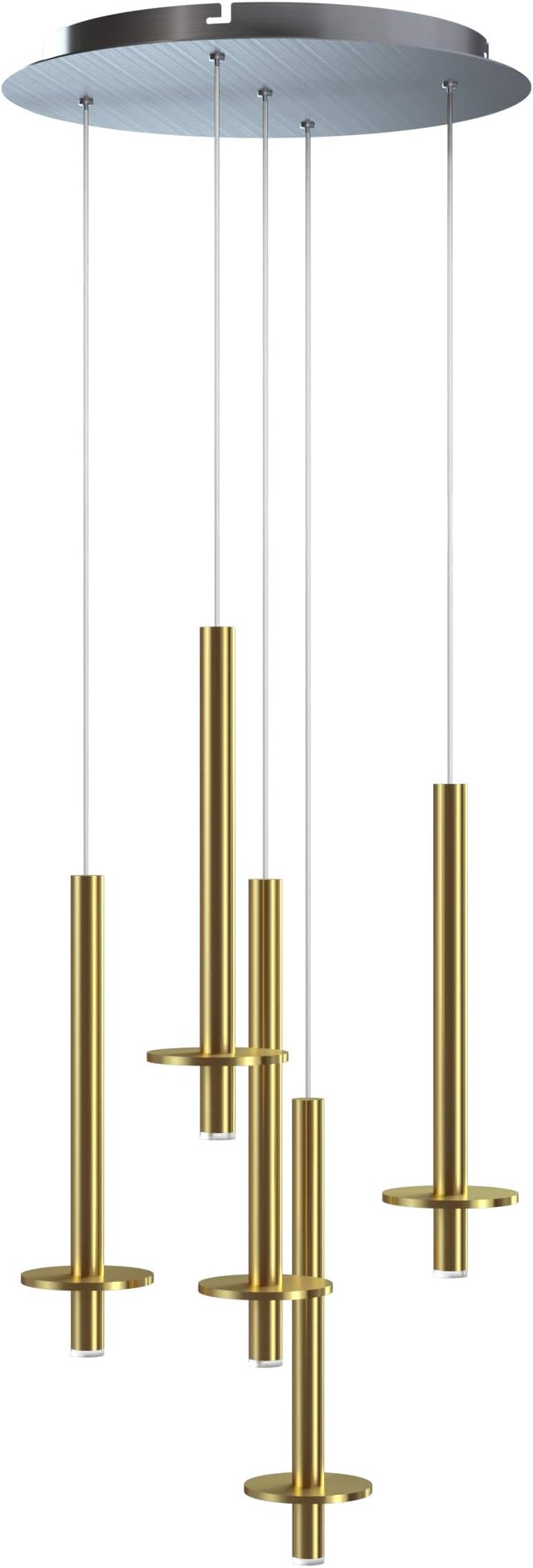 Draco 5 Pendant Lighting Brass – LED Hanging Light Fixture for Kitchen Island, Bar, Foyer – Equilateral Cluster of Mini Metal Rod Pipe Tube Cylinders – Dimmable, Adjustable Wire, Lamp Bulb Included