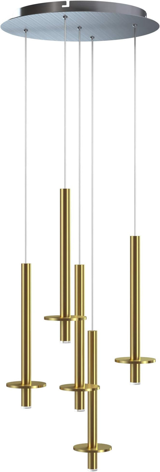 Draco 5 Pendant Lighting Brass – LED Hanging Light Fixture for Kitchen Island, Bar, Foyer – Equilateral Cluster of Mini Metal Rod Pipe Tube Cylinders – Dimmable, Adjustable Wire, Lamp Bulb Included