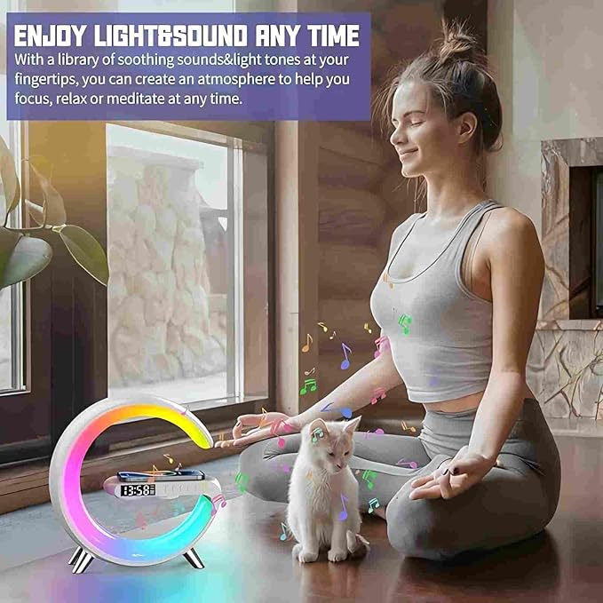 BKDRL Bluetooth Speaker Lamp with Wireless Charger, RGB Night Light, Alarm Clock, App Control - White