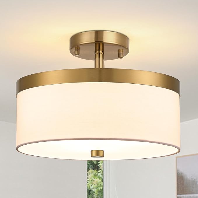 3-Light Flush Mount Ceiling Light,12”Close to Ceiling Light Fixture, Modern Gold Ceiling Light with White Fabric Shade Design for Hallway,Bedroom,Entryway or Laundry