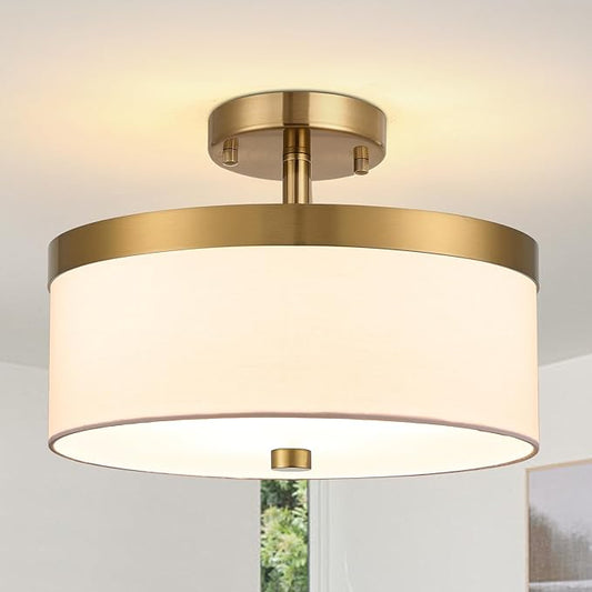 3-Light Flush Mount Ceiling Light,12”Close to Ceiling Light Fixture, Modern Gold Ceiling Light with White Fabric Shade Design for Hallway,Bedroom,Entryway or Laundry