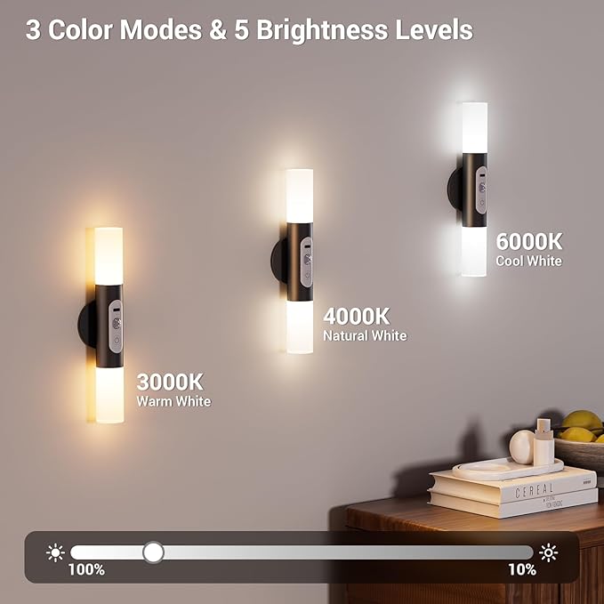 Hensam Motion Sensor Wall Lights with Remote Control, LED Rechargeable Battery Operated Wall Sconces Set of Two for Bedroom, Wireless Night Light for Indoor Stairway, Hallway, Black