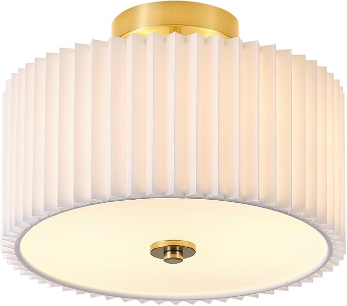 Semi Flush Mount Ceiling Light,12.6"Modern Close to Ceiling Light Fixture With White Fabric Shade,Light Fixtures Ceiling Mount Bedroom Ceiling Light for Bedroom Foyer Kitchen Living Room(Gold)