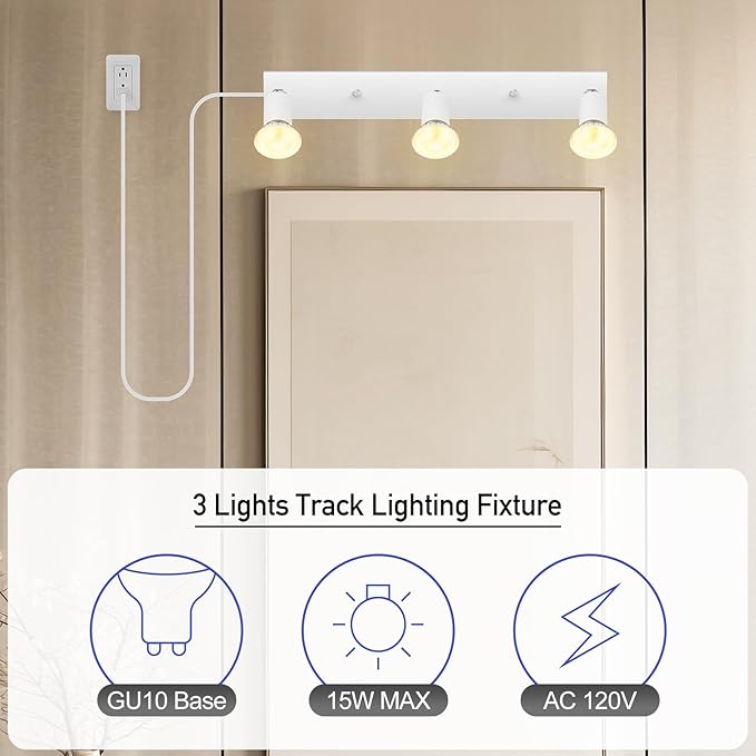Plug-in Track Lighting, LED Track Lighting Fixtures Ceiling Kit, 16" White Plug in Wall Light with 14.8ft Cord, 3-Light Ceiling Spotlight,Rotatable Kitchen Light Head for Bedroom Hallway(GU10,NO Bulb)