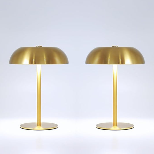 2 Pack Cordless Mushroom Table Lamp with 5200mAh Rechargeable Battery, Portable LED Night Light with Stepless Dimming, 3 Color Modes for Bedroom, Patio, Bar Decor and Coffee Shop Ambiance (Gold)