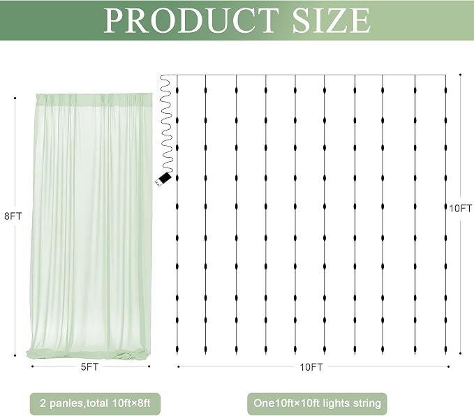 Tulle Backdrop Curtain with Lights String 10FT X 8FT Sage Green Sheer Tulle Backdrop Curtains for Wedding Birthday Party Reception Photo Booth Background Decorations (2 Panels 5x8FT)