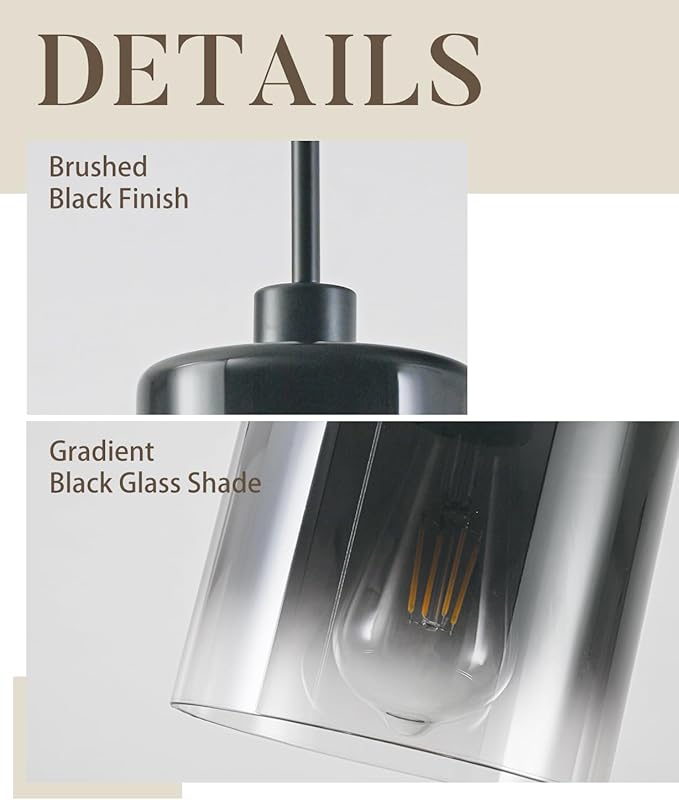 2-Pack Black Pendant Light Fixtures, Modern Pendant Lights for Kitchen Island with Adjustable Rods, Industrial Glass Pendant Lights for Dining Table Hallway Bedroom Living Room