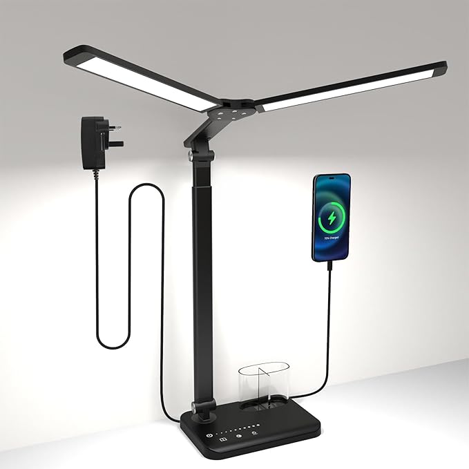 Woputne LED Desk Lamp, Dual Heads, Height Adjustable, USB Charging Port, 5 Light Modes & Dimmable Brightness, Bedside Lamp for Reading, Craft, Work, Study (Black, 15W)