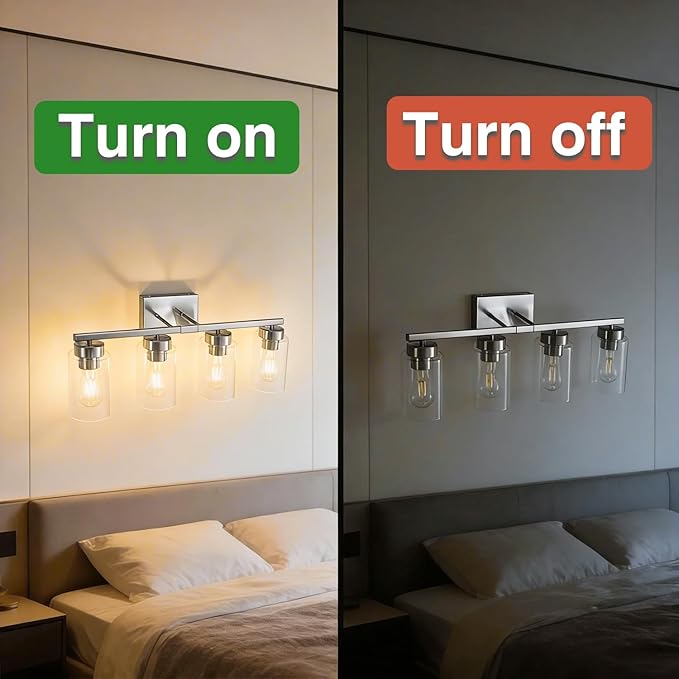 4-Light Bathroom Light Fixtures, Nickel Modern Vanity Lights Over Mirror, Bathroom Wall Sconces with Clear Glass Shade for Living Room Bedroom Hallway Cabinet Porch