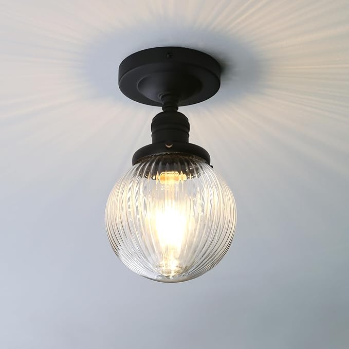 Pathson Modern Semi Flush Mount Ceiling Light Fixture with Striped Globe Glass Shade, Industrial Ceiling Lighting Lamp for Living Room Foyer Hallway Bedroom Over Kitchen Sink